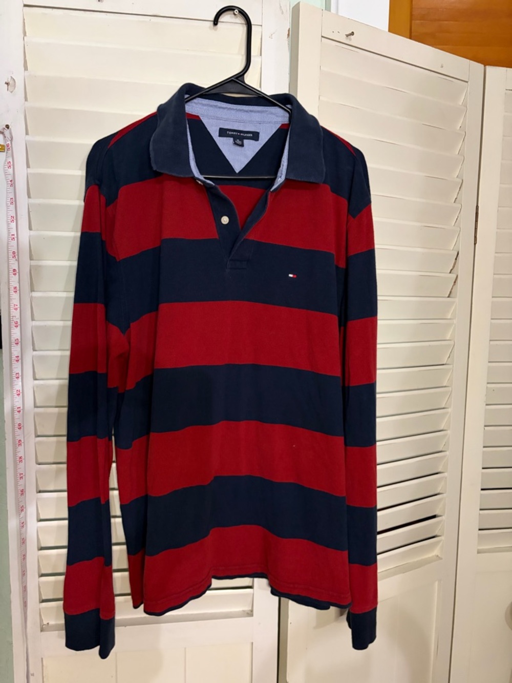 Tommy Hilfiger Men’s Red and Navy Wide-Stripe Rugby Polo